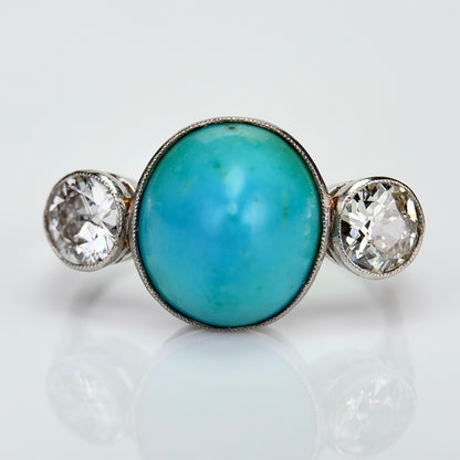 Platinum Art Deco Antique Sugarloaf Turquoise & Old Cut Diamond Three Stone Ring