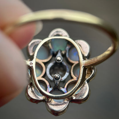 18CT Gold Antique Opal & Old cut diamond Flower Cluster Daisy Ring Size N 1/2