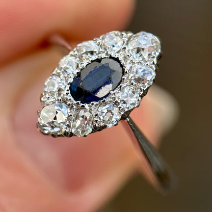Antique Sapphire & 0.70ct Old Cut Diamond 18CT White Gold Navette Ring