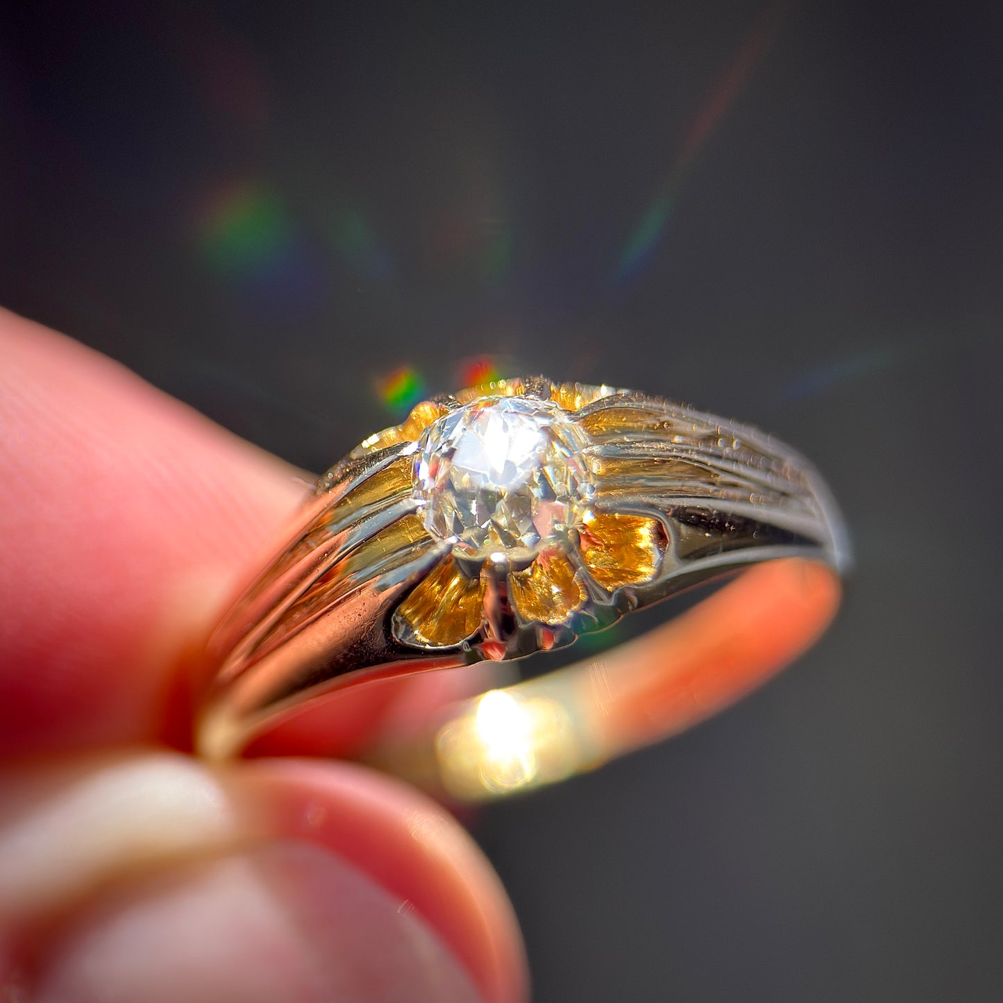 18ct Gold Antique Fully Hallmarked 0.625ct Old Cut Diamond gypsy Ring