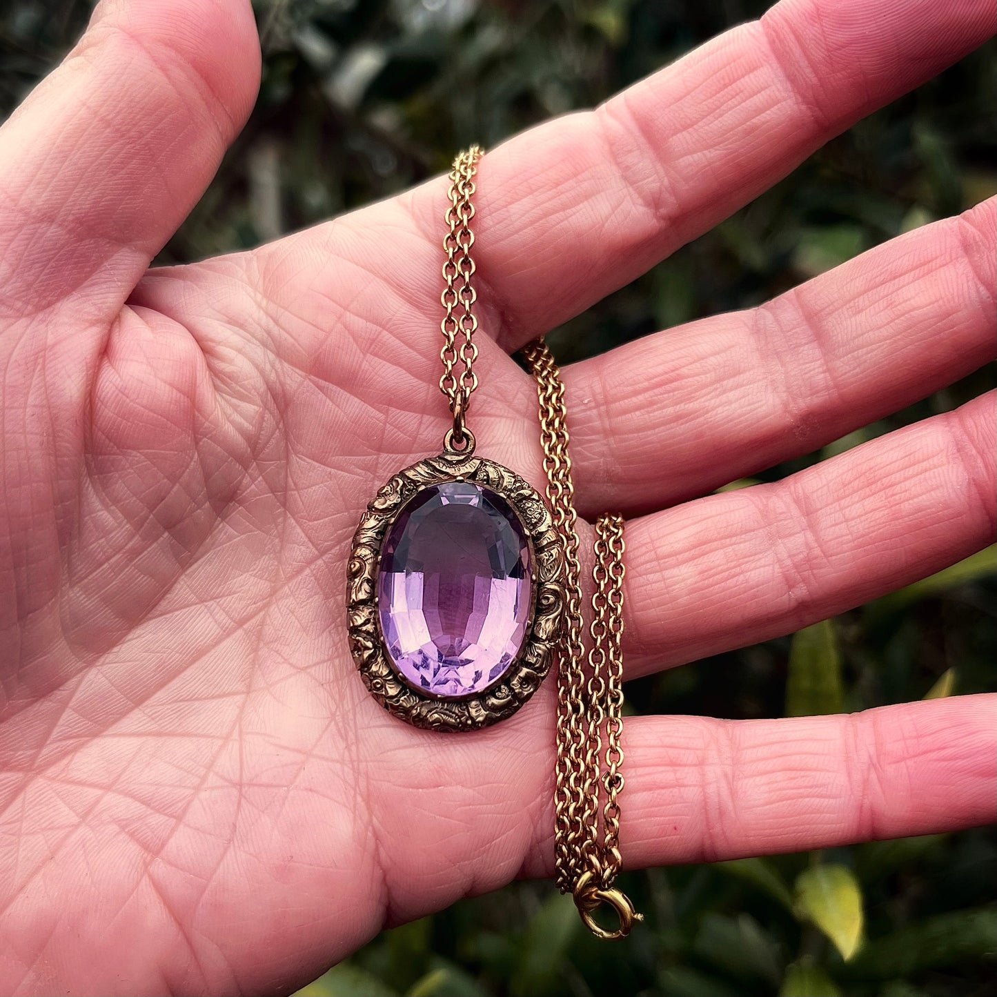 Antique Georgian / Early Victorian Chased Gold Amethyst Pendant 9CT Gold Chain