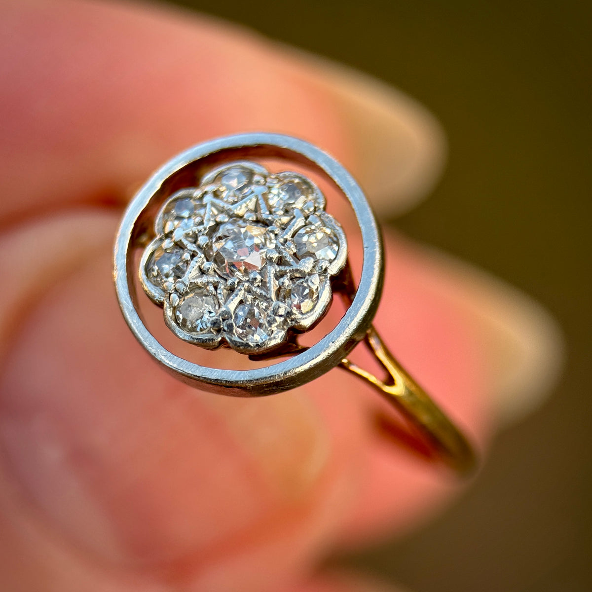 15ct Gold Antique Art deco Old Cut Diamond 9 Stone cluster daisy Ring