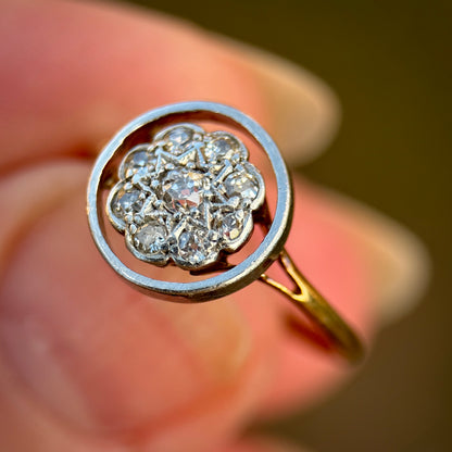 15ct Gold Antique Art deco Old Cut Diamond 9 Stone cluster daisy Ring