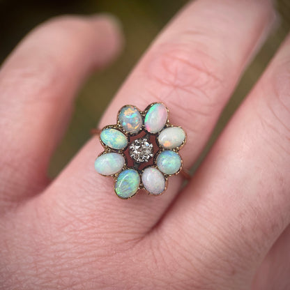 18CT Gold Antique Opal & Old cut diamond Flower Cluster Daisy Ring Size N 1/2