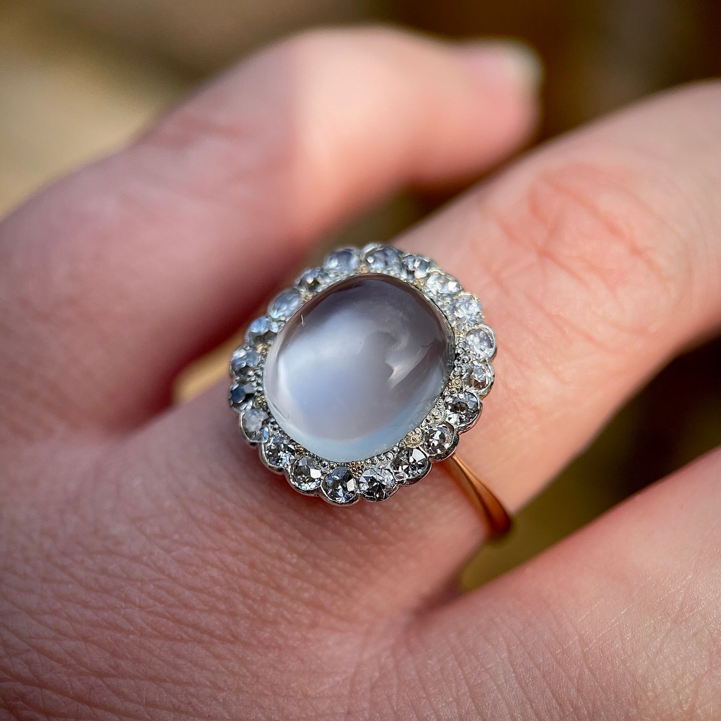 18ct Gold Large Antique Sugar loaf Moonstone & Old Cut Diamond Cluster Ring