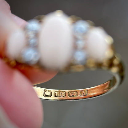 18CT Gold Antique Edwardian (1907) Angel Skin Coral & Old Cut Diamond Ring