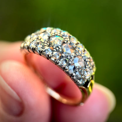 18ct Gold & Silver Antique Georgian 2.1ct Old Rose Cut Diamond Triple Row Ring