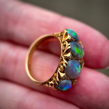 18CT Gold Large Antique Victorian Black Crystal Opal & Old Cut Diamond Ring
