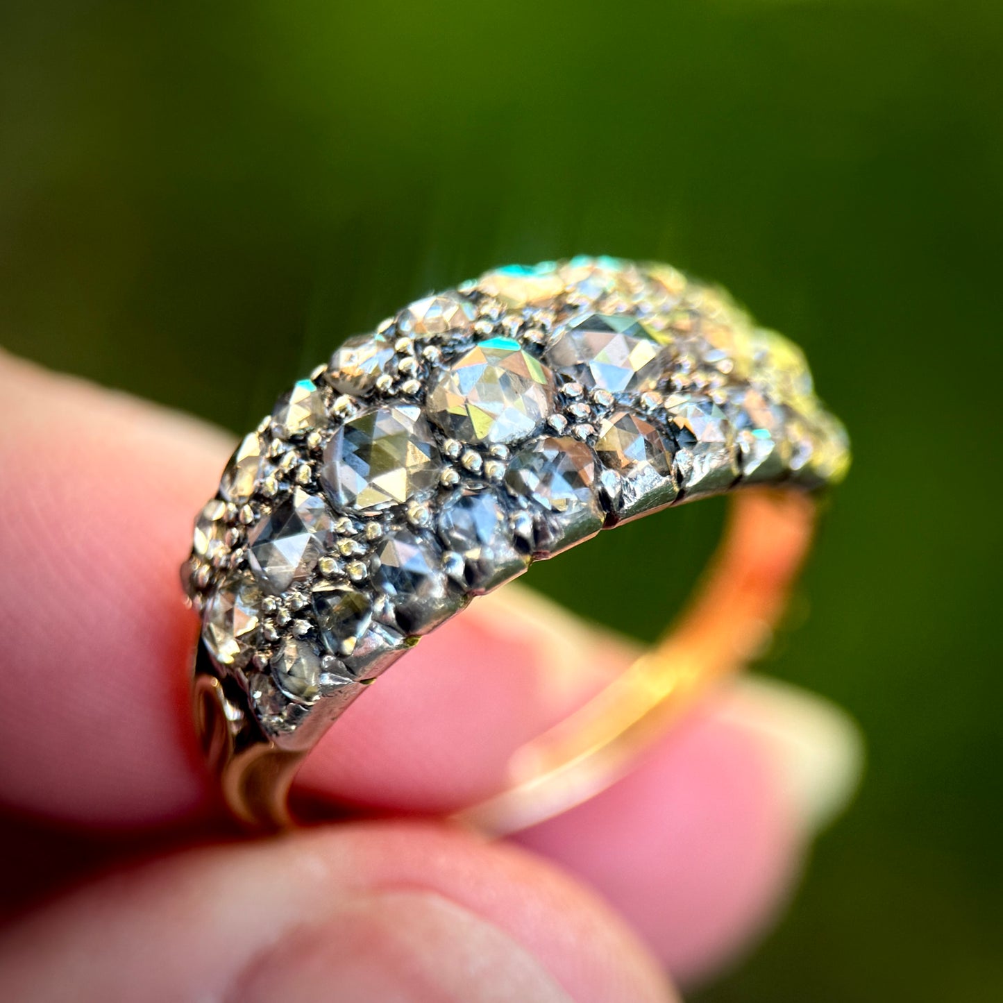 18ct Gold & Silver Antique Georgian 2.1ct Old Rose Cut Diamond Triple Row Ring