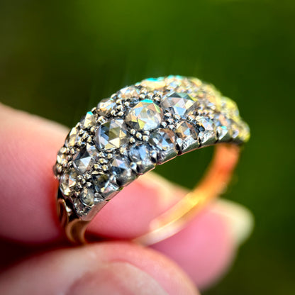 18ct Gold & Silver Antique Georgian 2.1ct Old Rose Cut Diamond Triple Row Ring