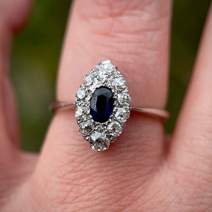 Antique Sapphire & 0.70ct Old Cut Diamond 18CT White Gold Navette Ring