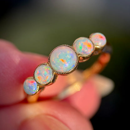 18CT Gold antique fiery crystal Opal five stone half hoop milgrain set ring