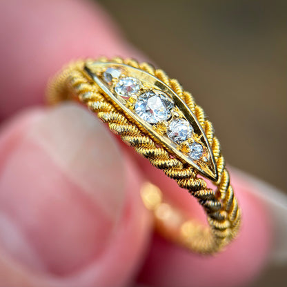 18ct Gold Antique Old Cut Diamond Five Stone Ring Size P 1/2