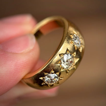 18ct Gold Antique Hallmarked 0.75ct Old Cut Diamond three stone gypsy ring Heavy