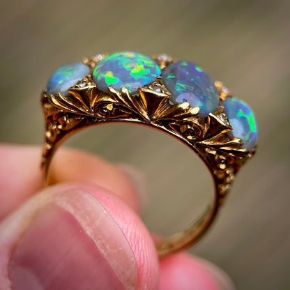 18CT Gold Large Antique Victorian Black Crystal Opal & Old Cut Diamond Ring