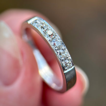 18CT White Gold 0.42ct Old Cut Diamond Half Eternity Band Ring Size N 1/2 4.5g