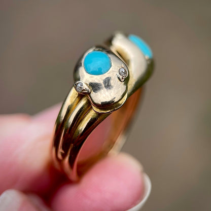 18CT Gold Antique Victorian (1878) Turquoise Diamond Snake Ring 11.6 grams