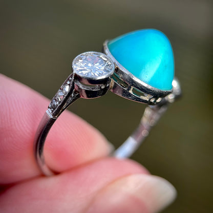 Platinum Art Deco Antique Sugarloaf Turquoise & Old Cut Diamond Three Stone Ring