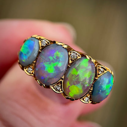 18CT Gold Large Antique Victorian Black Crystal Opal & Old Cut Diamond Ring