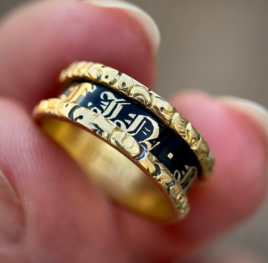 18ct Gold Antique Georgian 1827 Enamel Mourning Memorial Ring