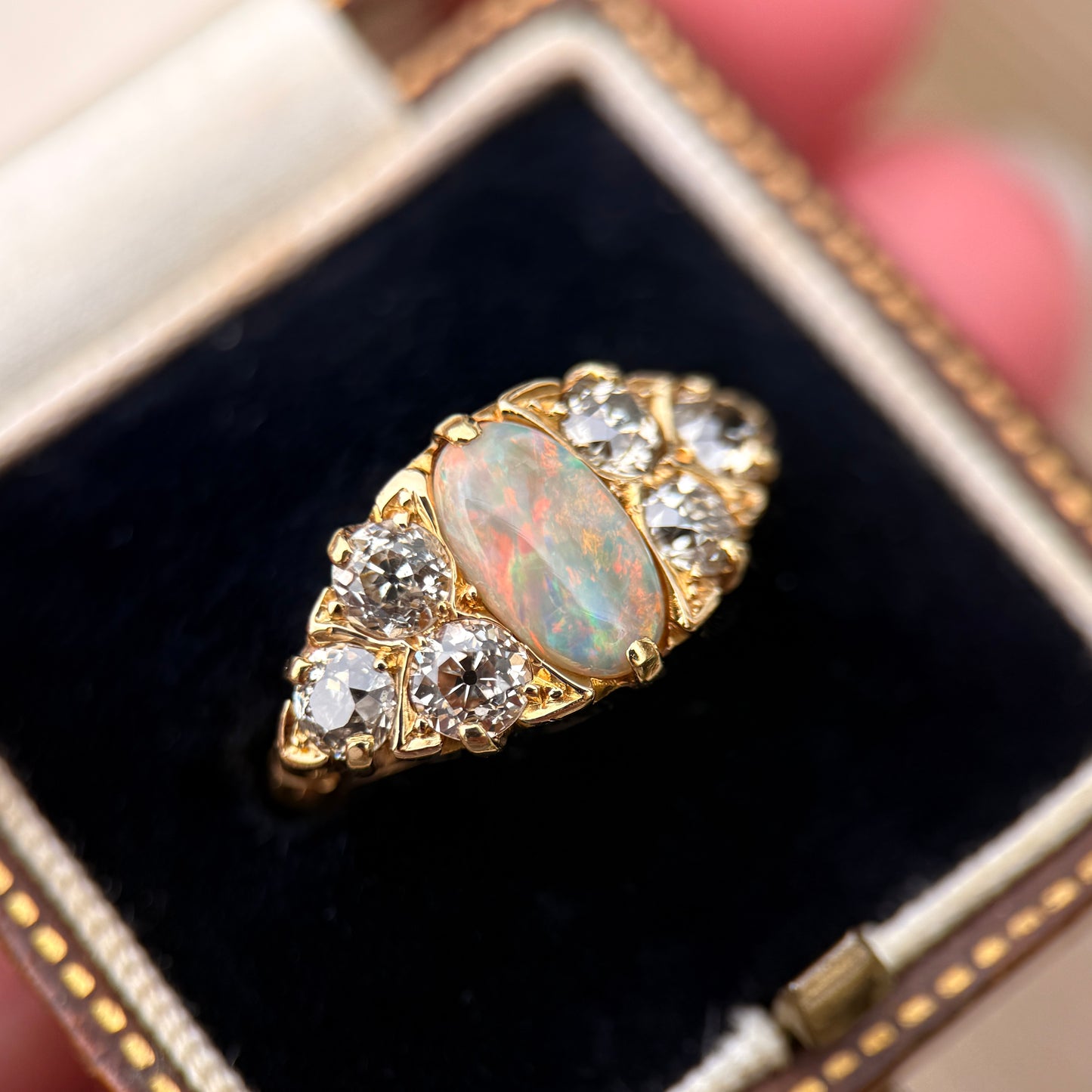 18CT Gold Antique Victorian Black Crystal Dark Opal 1.2ct Old Cut Diamond Ring