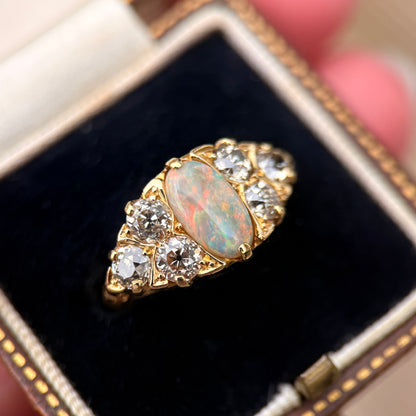 18CT Gold Antique Victorian Black Crystal Dark Opal 1.2ct Old Cut Diamond Ring