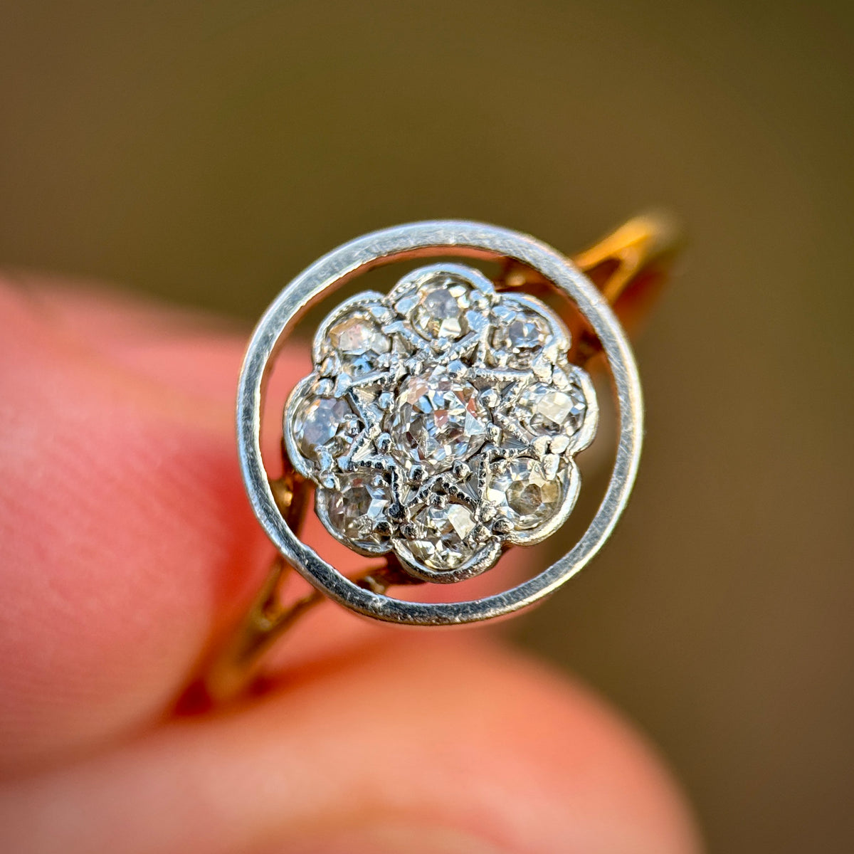 15ct Gold Antique Art deco Old Cut Diamond 9 Stone cluster daisy Ring