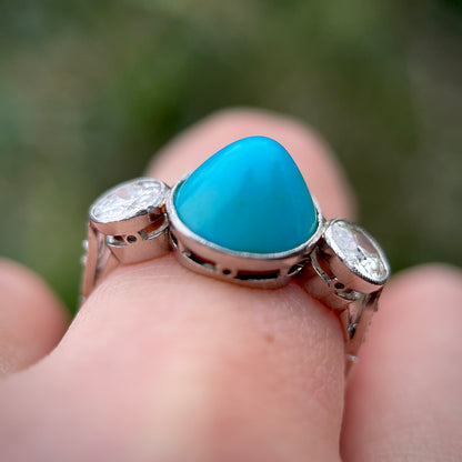 Platinum Art Deco Antique Sugarloaf Turquoise & Old Cut Diamond Three Stone Ring