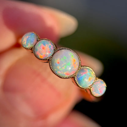 18CT Gold antique fiery crystal Opal five stone half hoop milgrain set ring