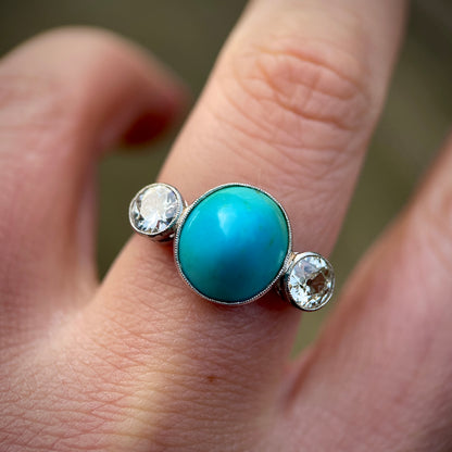 Platinum Art Deco Antique Sugarloaf Turquoise & Old Cut Diamond Three Stone Ring