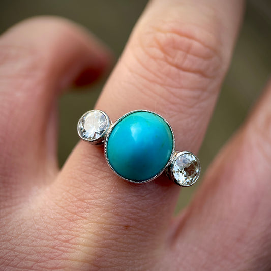 Platinum Art Deco Antique Sugarloaf Turquoise & Old Cut Diamond Three Stone Ring