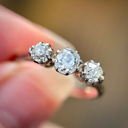 18ct Gold Antique 0.75ct Old Cut Diamond three Stone trilogy ring