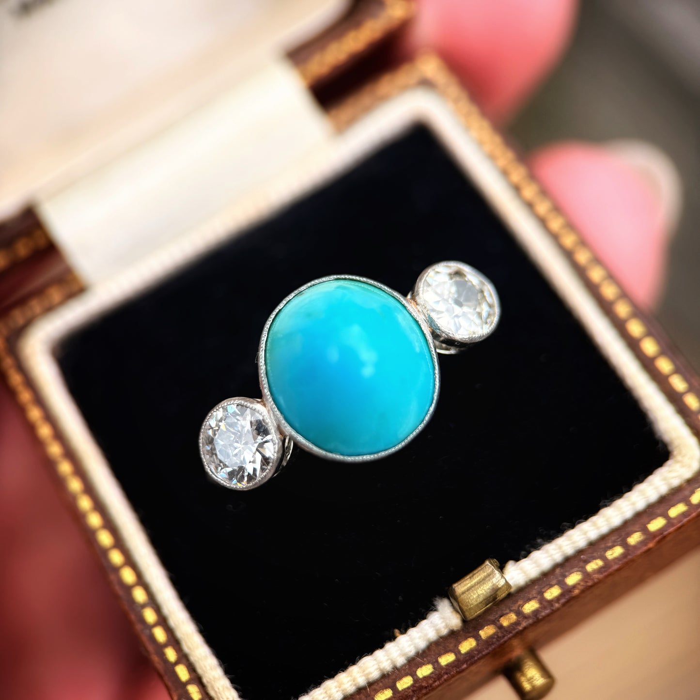 Platinum Art Deco Antique Sugarloaf Turquoise & Old Cut Diamond Three Stone Ring