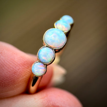 18CT Gold antique fiery crystal Opal five stone half hoop milgrain set ring