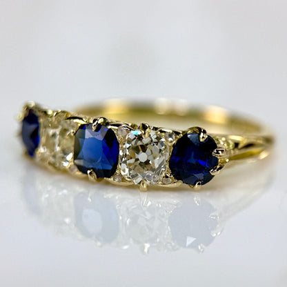 18ct Gold Antique Victorian 1.5ct Sapphire & 1ct Old Cut Diamond Five Stone Ring