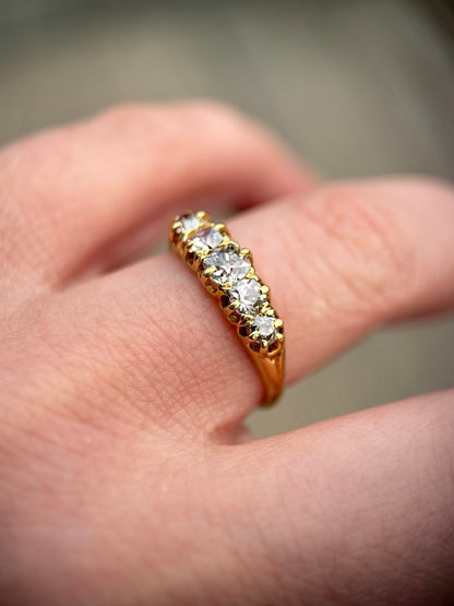 18ct Gold Antique 1.15ct Old Cut Diamond Five Stone Half Hoop Ring Size O