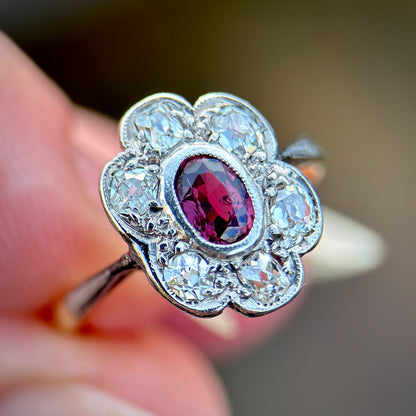 18ct Gold Plat Antique Edwardian Old Cut Diamond & Ruby Daisy Cluster Ring