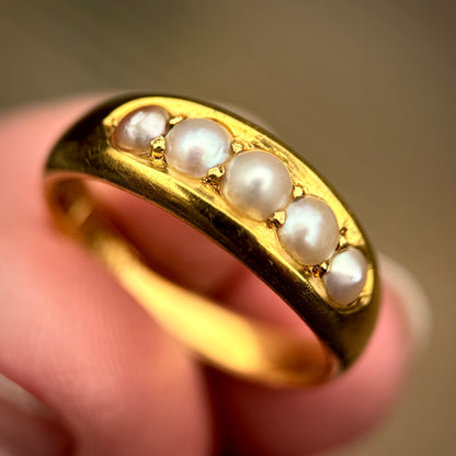 Heavy 18CT Gold Antique Pearl five stone half hoop gypsy ring 7.4g Size R 1/2