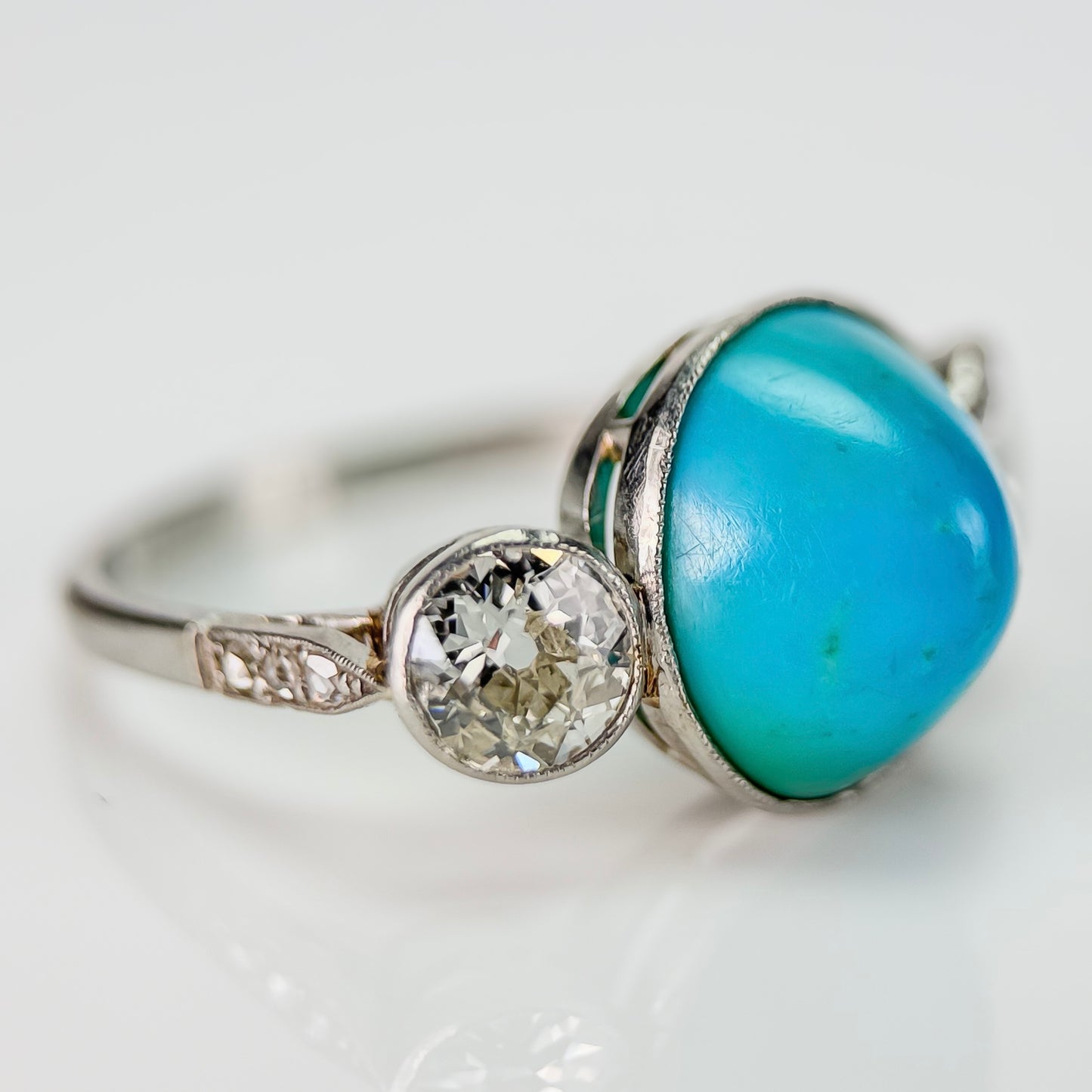 Platinum Art Deco Antique Sugarloaf Turquoise & Old Cut Diamond Three Stone Ring