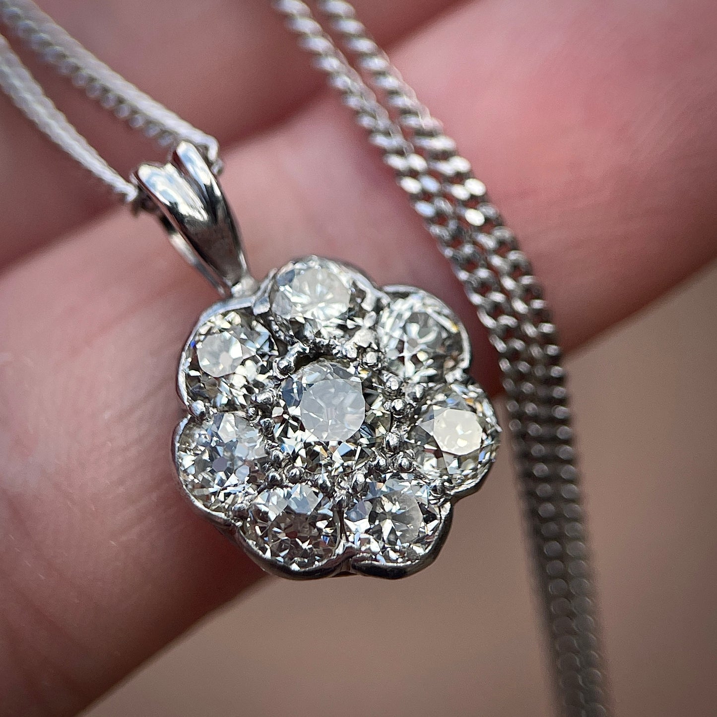 Antique 1.3CT Old Cut Diamond Daisy Pendant Charm & Chain 18" White Gold