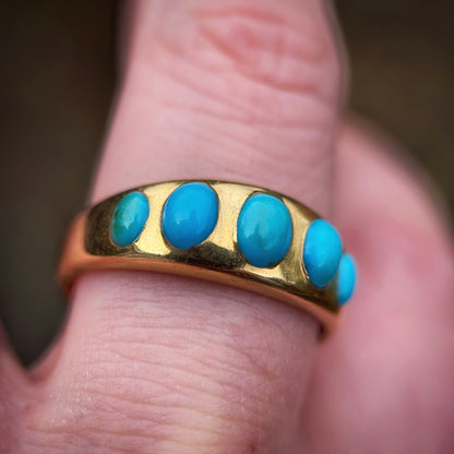 18ct Gold Antique Victorian Turquoise 5 Stone Gypsy Ring size S1 /2 HEAVY 6.8g