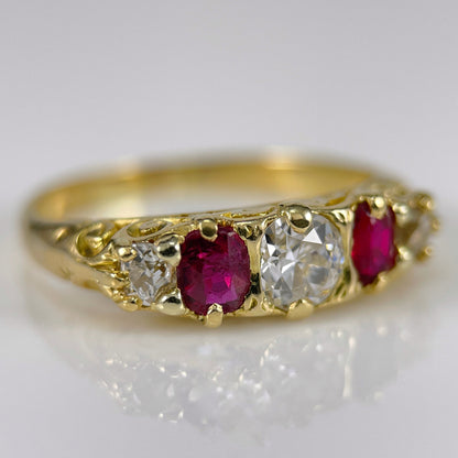 Antique Victorian Old Cut Diamond & Ruby Five 5 stone 18ct Gold Ring Size L
