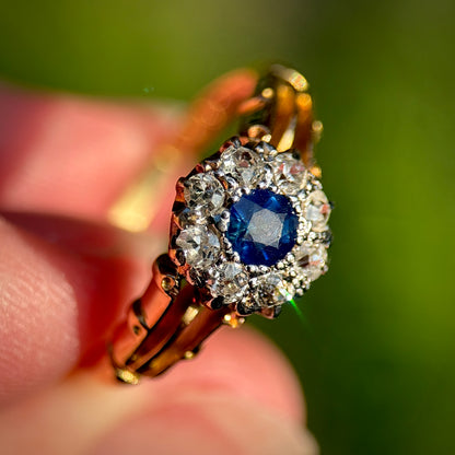 18CT Gold Antique 0.25ct Sapphire & 0.32ct Old Cut Diamond Cluster Ring