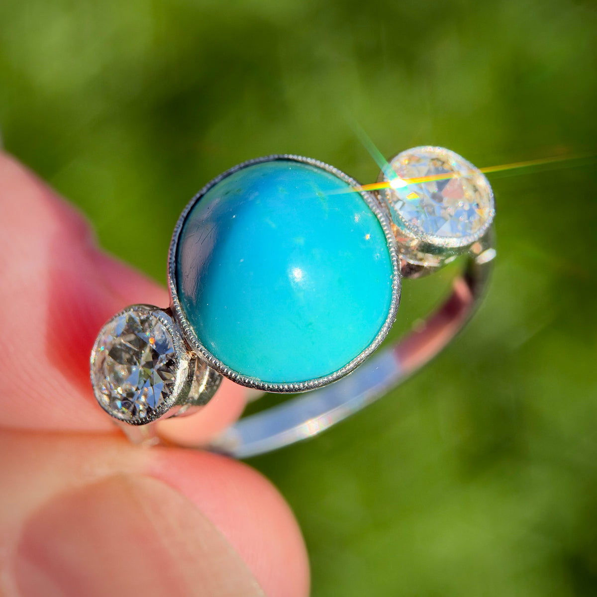 Platinum Art Deco Antique Sugarloaf Turquoise & Old Cut Diamond Three Stone Ring