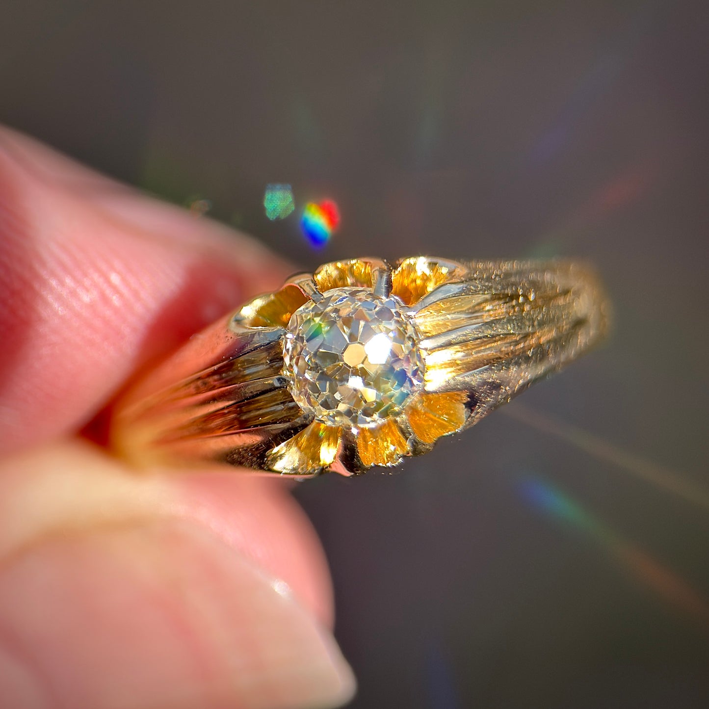 18ct Gold Antique Fully Hallmarked 0.625ct Old Cut Diamond gypsy Ring