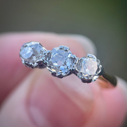 18ct Gold Antique 1.3ct Old Cut Diamond Three Stone Trilogy Gold Ring