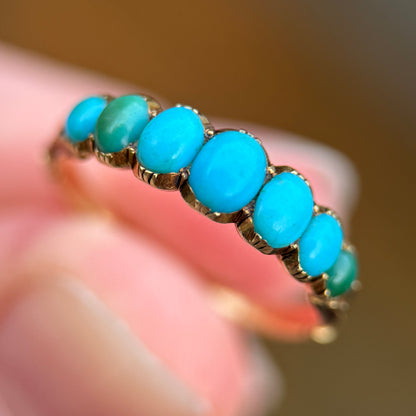 18CT Gold Antique Georgian Turquoise Seven Stone Half Hoop Ring Size K 1/2