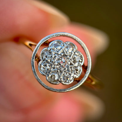 15ct Gold Antique Art deco Old Cut Diamond 9 Stone cluster daisy Ring