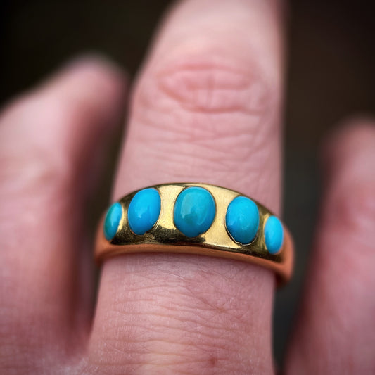 18ct Gold Antique Victorian Turquoise 5 Stone Gypsy Ring size S1 /2 HEAVY 6.8g
