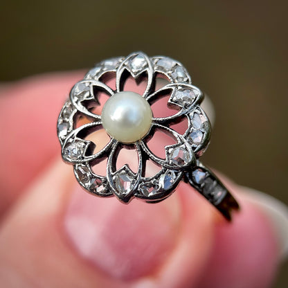 18CT Gold Antique Art Nouveau Old rose cut diamond & pearl floral flower ring